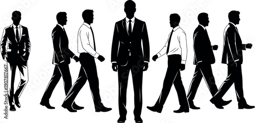 Silhouette of businessmen walking past a central leader standing still, conceptual vector for leadership and corporate team management.