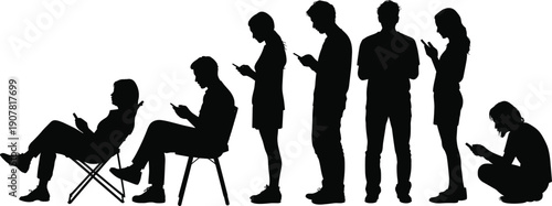 People using smartphones silhouettes, digital addiction concept, standing sitting crouching poses, modern social media lifestyle, isolated figures flat vector illustration