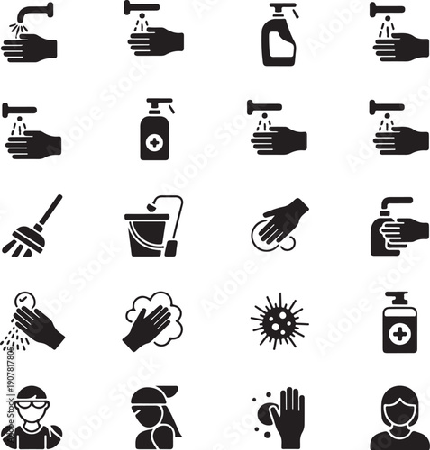 Disinfection flat icons. Vector illustration included icon as spray bottle, floor cleaning mop, wash hands gel, autoclave uv lamp black silhouette pictogram for housekeeping