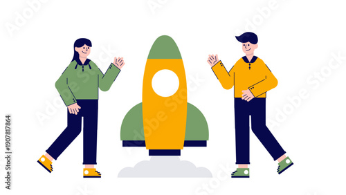 Two professionals celebrating a rocket launch representing a new business startup project