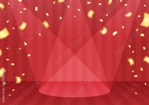 表彰式や公演告知に最適なスポットライトが当たるステージに降り注ぐ金色の紙吹雪が華やかな赤いステージ背景
