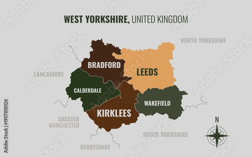 A map showing West Yorkshire UK City into Local in a minimalist colorful style