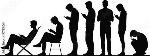 People using smartphones silhouettes, modern digital addiction concept, standing sitting poses, social media lifestyle, isolated black figures, flat vector illustration