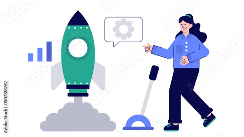 A professional woman launching a rocket into space symbolizing the successful start of a new business venture