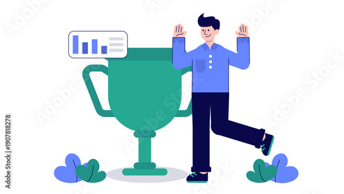 A happy businessman celebrating success standing next to a giant winner trophy and performance charts