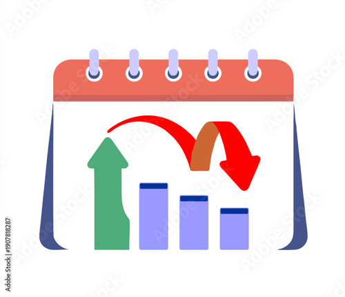 Business calendar with a falling red arrow over bar charts, representing a financial deadline or market decline