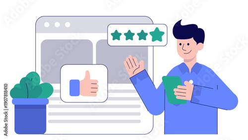 Businessman presenting positive customer reviews and star ratings on a web interface