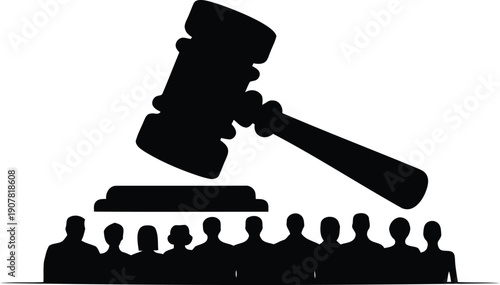 Justice Gavel with Community Silhouette Representing Law and Civic Awareness, perfect for legal education, public awareness campaigns advocacy visuals