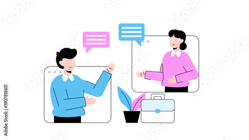 Two business professionals communicating through digital browser windows with chat bubbles