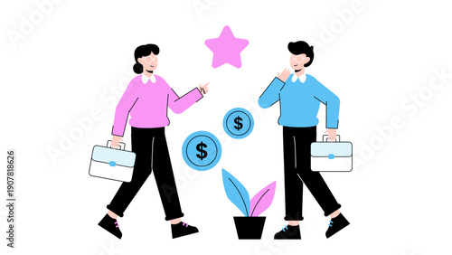 Two business professionals walking and talking with money symbols and a star icon above them