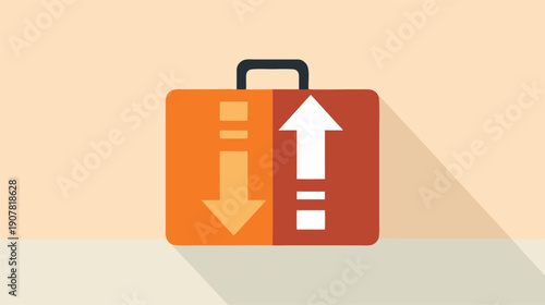 Two-tone minimalist briefcase with upward and downward arrows, symbolizing market volatility and trading