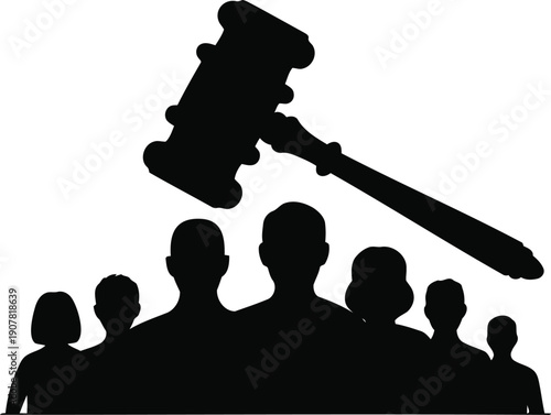 Justice Gavel with Community Silhouette Representing Law and Civic Awareness, perfect for legal education, public awareness campaigns advocacy visuals