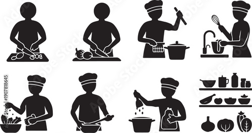 Chef Preparing Food Using Various Cooking Tools And Techniques Illustration