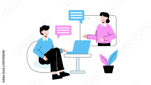 A man sitting at a table with a laptop having a video call with a woman colleague