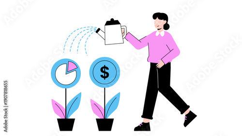 A businesswoman watering plants that have coin and chart symbols representing financial growth