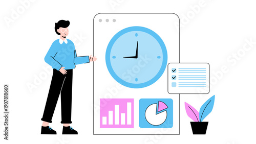 A businessman standing next to a large clock and a checklist representing time management