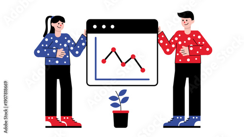 Two people standing next to a computer screen displaying a line graph with decreasing trends