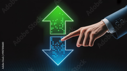 A hand interacting with digital up and down arrows representing data flow.