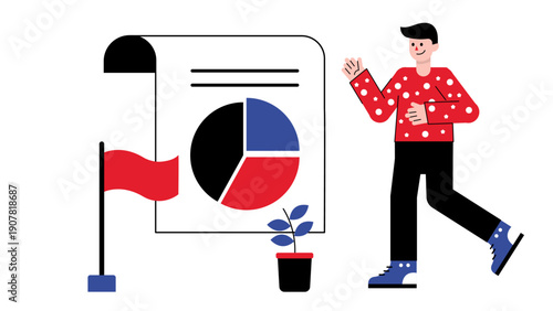 A man walking towards a large document showing a pie chart next to a red flag