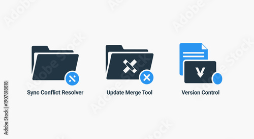 Icons for software development and data management: sync conflict resolver, update merge tool, and version control system. Enhancing collaboration and workflow.