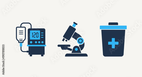 Healthcare technology icons: IV infusion device, microscope, and biohazard waste bin with cross symbol. Representing medical research, diagnostics, and safety.