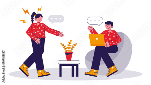 Two business colleagues having a disagreement or bickering while working in an office setting with a laptop