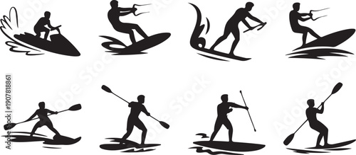 Collection of paddle boarders engaging in various water sports activities on calm waves