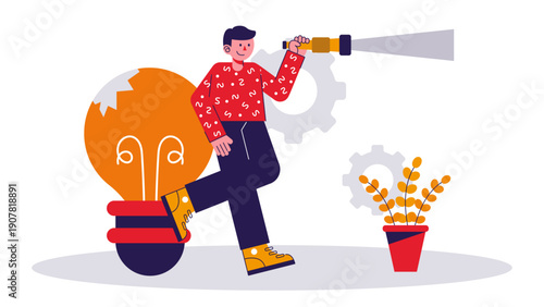 A businessman using a telescope to look for new opportunities while standing next to a large lightbulb idea