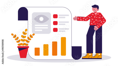 A man presenting a large document showing business vision with charts and an eye icon