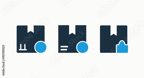 Package and delivery icons: boxed item with status indicator, cargo box details, and secure package with lock. Representing shipping, storage, and security.