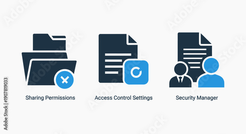 Icons for cybersecurity and access control: sharing permissions, access control settings, and security manager. Protecting digital assets.