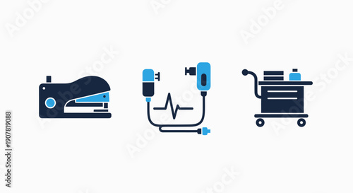 Icons for office supplies and medical equipment: stapler, IV drip with heart monitor, and medical cart. Combining administrative and healthcare elements.
