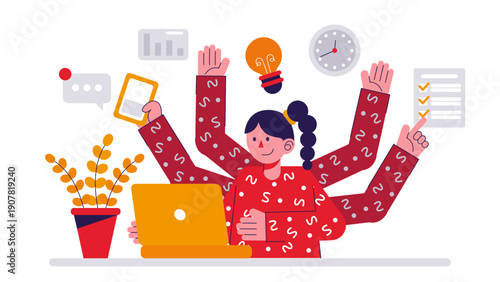 A woman performing multiple business tasks simultaneously with efficiency
