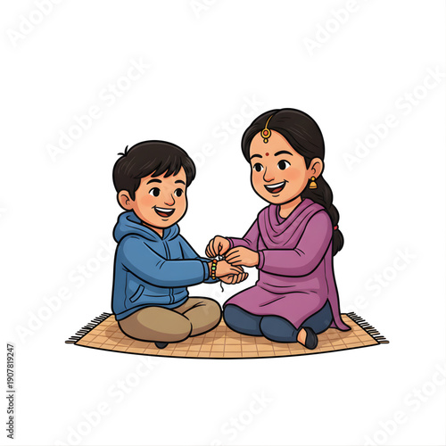 Sister tying rakhi on brother wrist, joyful expressions