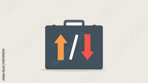 Minimalist business briefcase with orange up and red down arrows, symbolizing market trading and finance