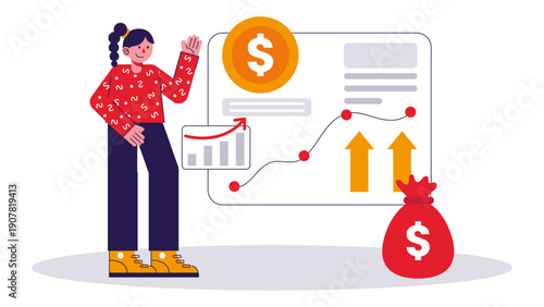 A woman presenting a dashboard showing rising sales trends and a money bag icon