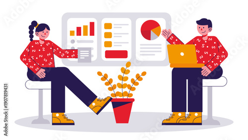 Two professionals sitting and discussing data charts on a presentation board during a meeting