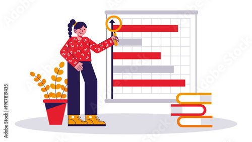 A woman using a magnifying glass to estimate and forecast data on a horizontal bar chart