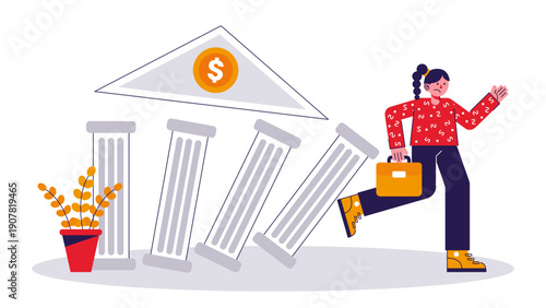 A woman running away from falling columns and a collapsing financial building