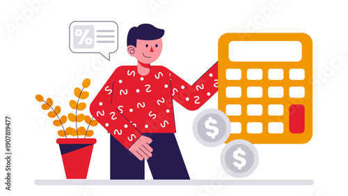 A man holding a giant calculator with floating coin symbols representing financial management