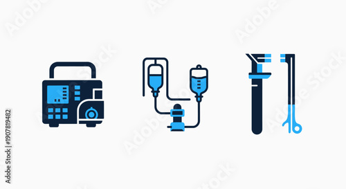 Medical equipment icons including a monitor, IV drip, and surgical tool, representing healthcare, patient care, and medical procedures