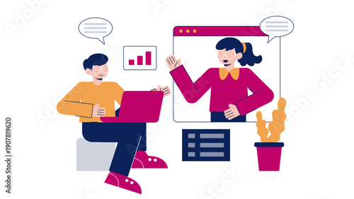 A man having a video call with a female colleague for work