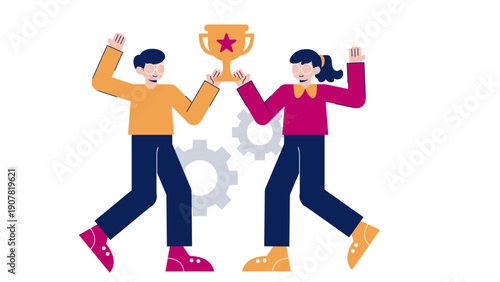 A business team holding a trophy to celebrate their achievements