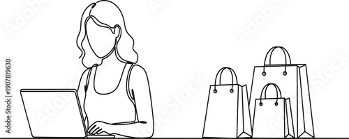 Minimal Line Art Illustration of Online Shopping Woman Using Laptop with Shopping Bags for Ecommerce, Retail, and Digital Marketing Concepts