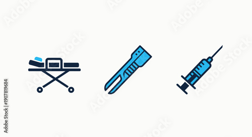 Medical icons of a stretcher, surgical instrument, and syringe, symbolizing healthcare, patient transport, and medical treatment