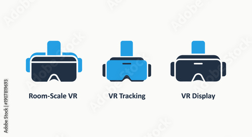 Icons representing room-scale VR, VR tracking, and VR display, illustrating immersive virtual reality technology and experiences