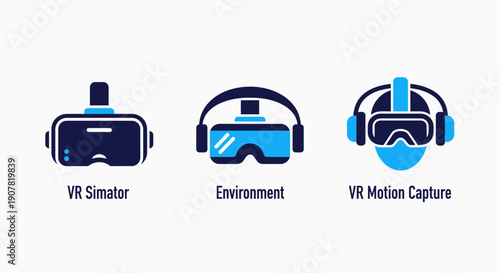 Virtual reality icons: VR simulator, environment, motion capture gear for immersive technology, gaming and metaverse experiences