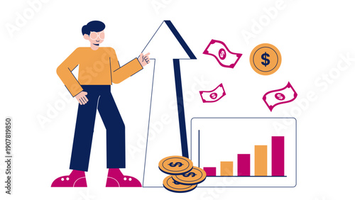 Man pointing towards an upward arrow indicating company growth and financial success