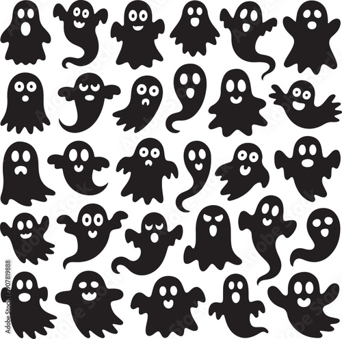 Doodle cute ghosts Haloween great collection. Simple spooky character. Scary ghostly monsters.
