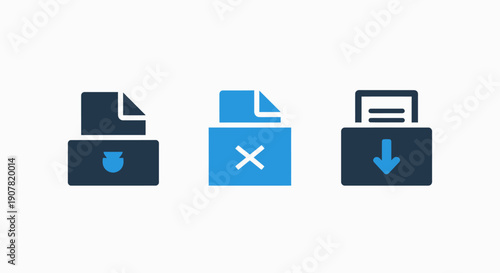 Document and file management icons: file processing, error, download for digital workflow and data handling in business